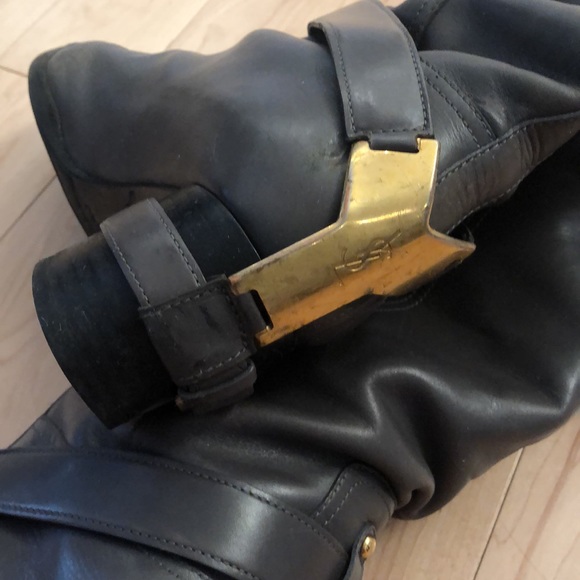 YSL Yves Saint Laurent Grey LEATHER BOOTS with Gold Hardware on the heel - Picture 3 of 14